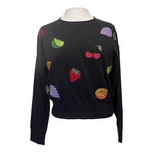 WildFox Fruity Fader Sweater Sequins Black Fruit Print Size SMALL